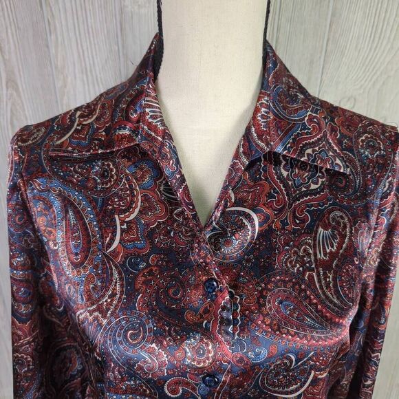 Kasper Womens Size 6P Button Front Shirt Red Blue Paisley Print Long Sleeve - Picture 3 of 10
